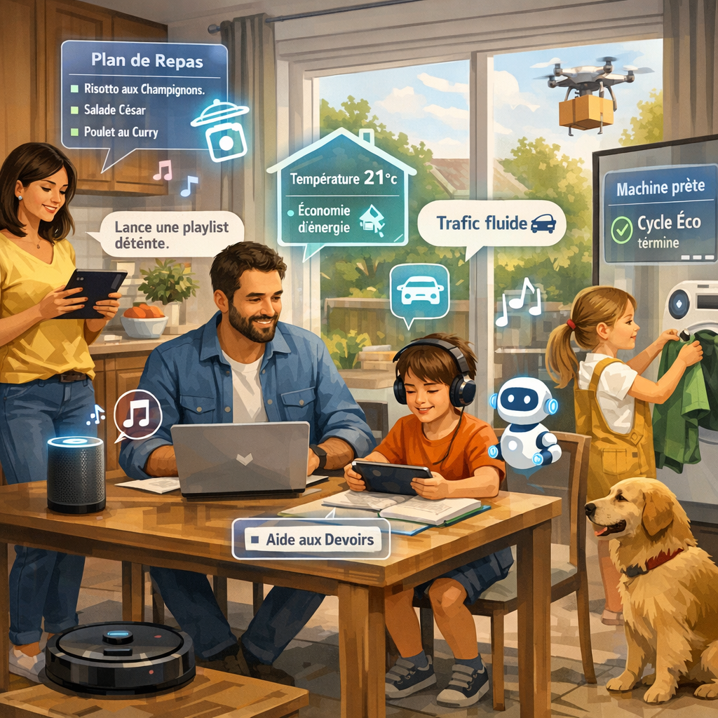 Famille s’organisant à la maison, illustrant l’IA au quotidien